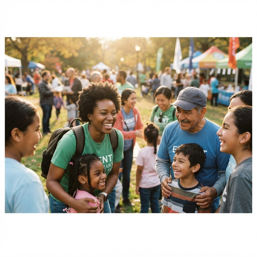 Community volunteers and children gathered together at an outdoor event