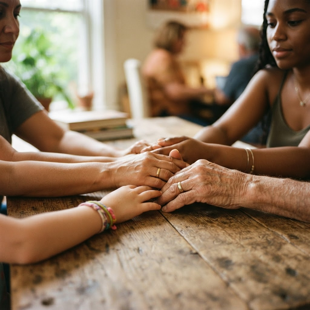 Hands of different generations joined together in support
