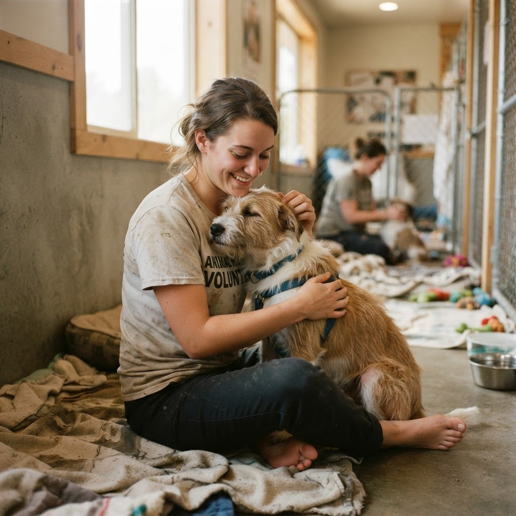 A volunteer caring for a rescued dog at an animal shelter